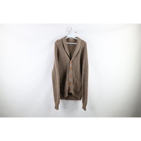 Vintage 70s Streetwear L Wool Blend Chunky Ribbed Knit Shawl Cardigan Sweater